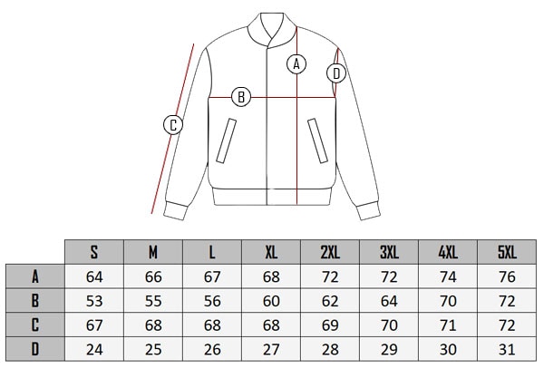 RD thunder skinnjacka size table