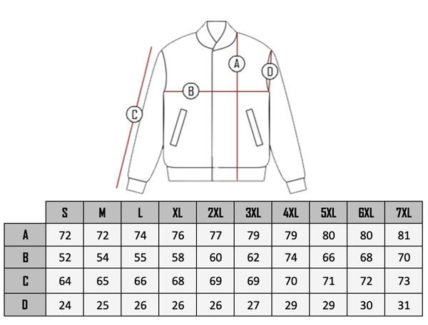 RD Leather Blazer size table