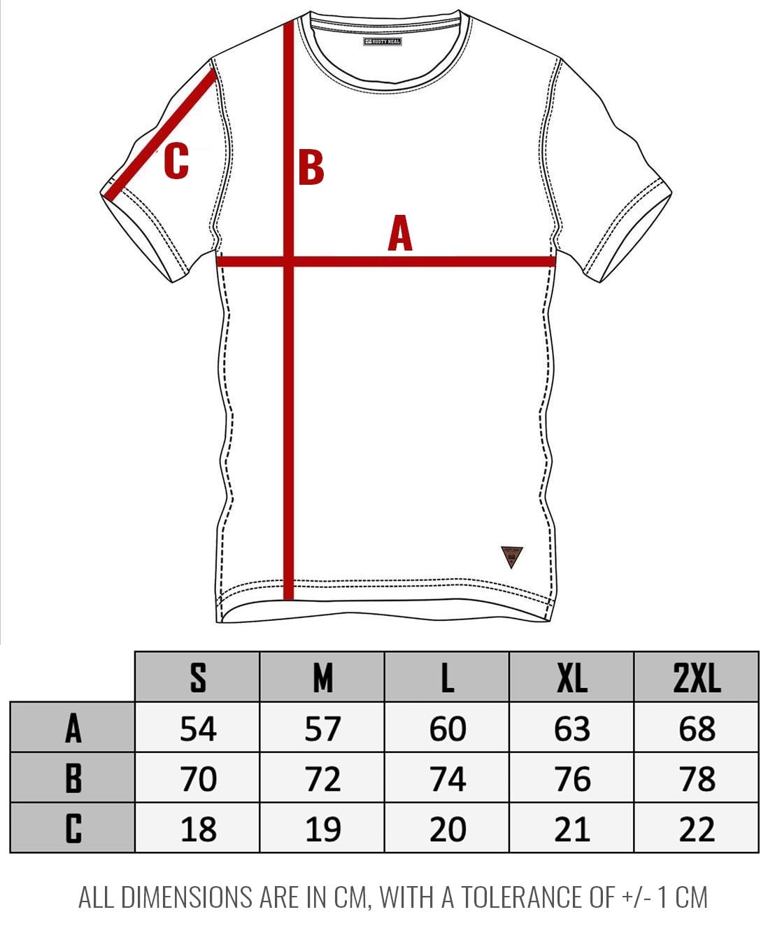 Rusty Neal Tshirt Size Chart