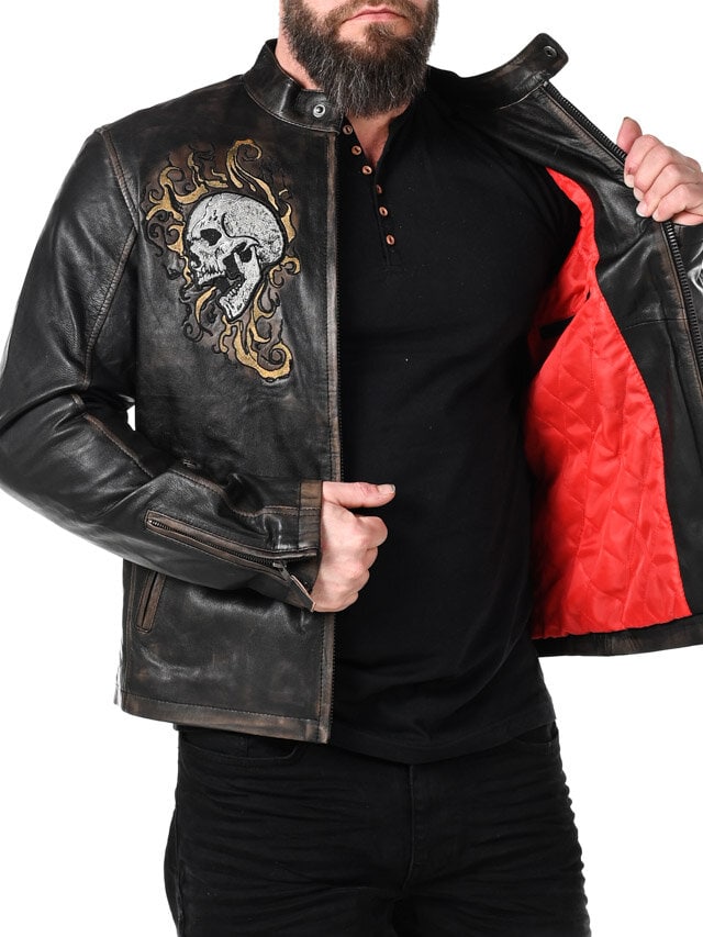 RD Skull Flames Skinnjacka - Svart