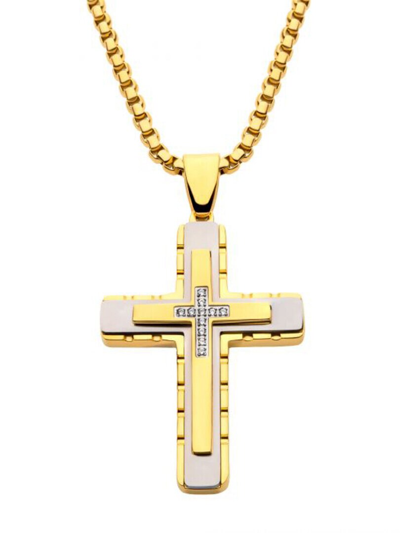 Two Tone Cross Inox Halsband - Guld/Silver