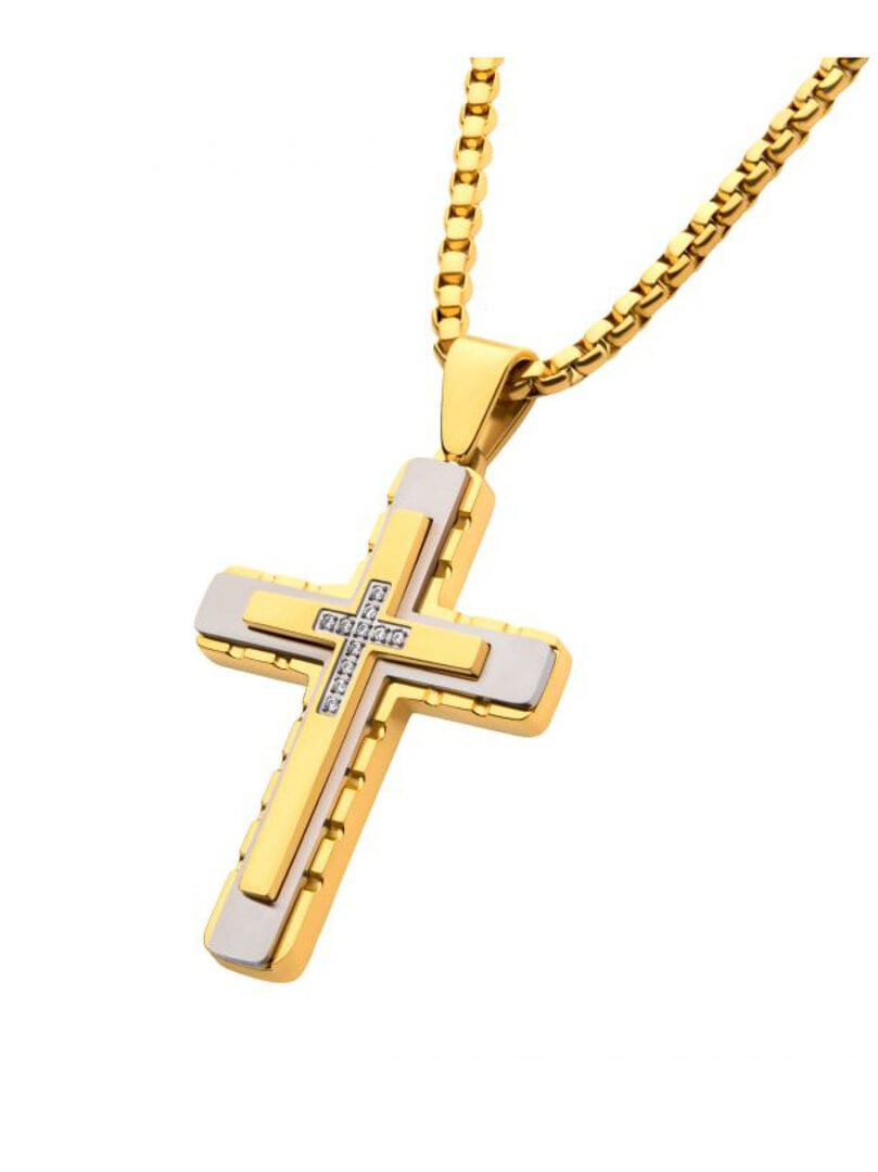 Two Tone Cross Inox Halsband - Guld/Silver